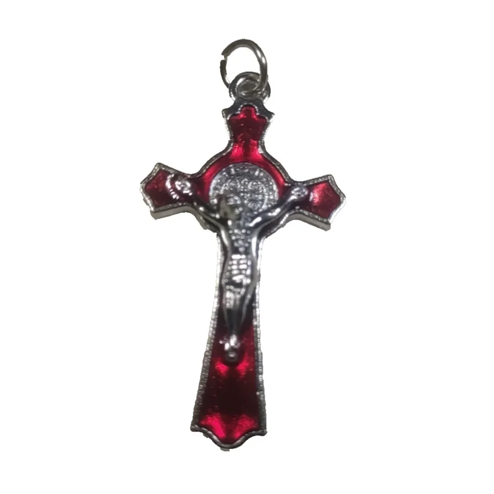Silver Tone Red Enamel Cross Crucifixion Pendant